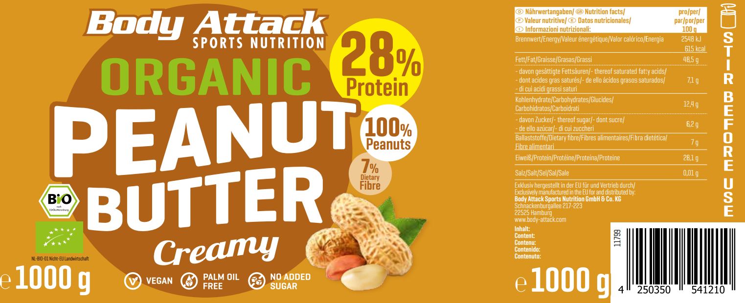 Body Attack Organic Peanut Butter (1000g Dose)