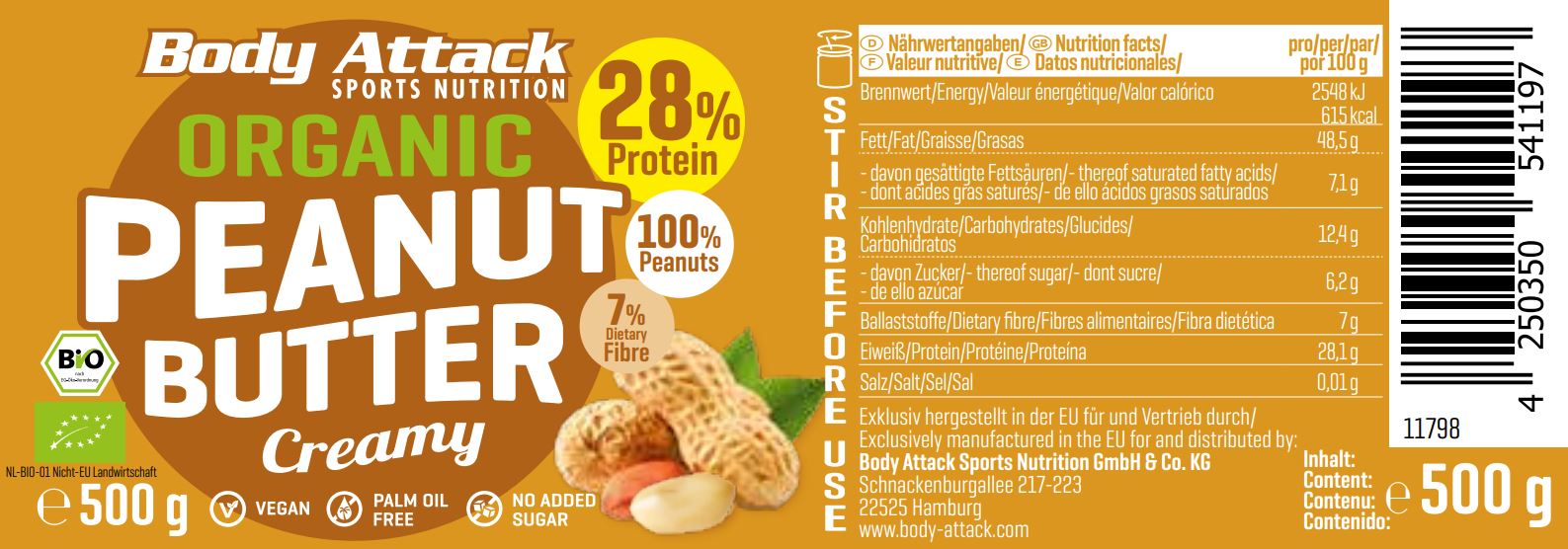 Body Attack Organic Peanut Butter (500g Dose)