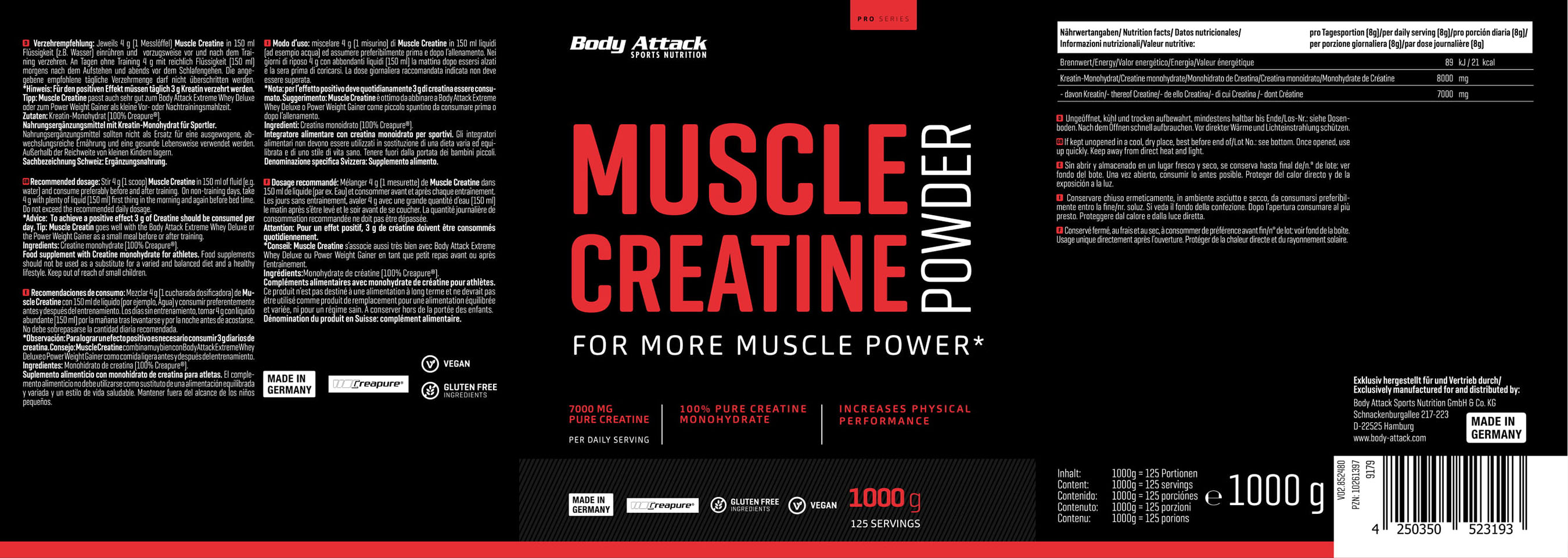 Body Attack Creapure - Muscle Creatine (1000g Dose)
