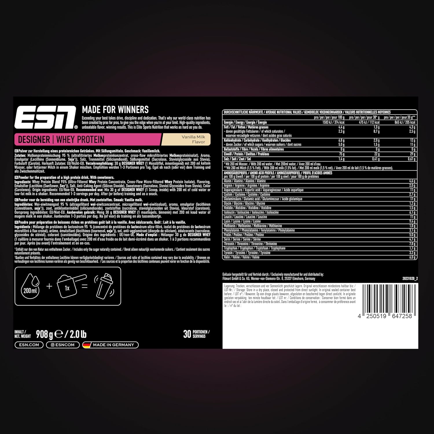 ESN Designer Whey Protein (908G Dose) | Vanilla Milk | 8123-28